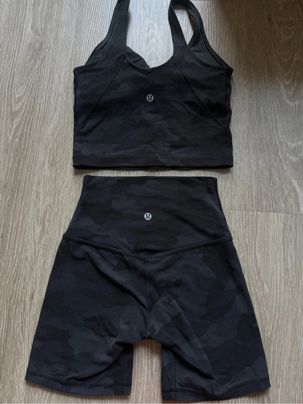 Lululemon Black Camouflage Seamless Crop Tank & High-Waist Biker Short Set